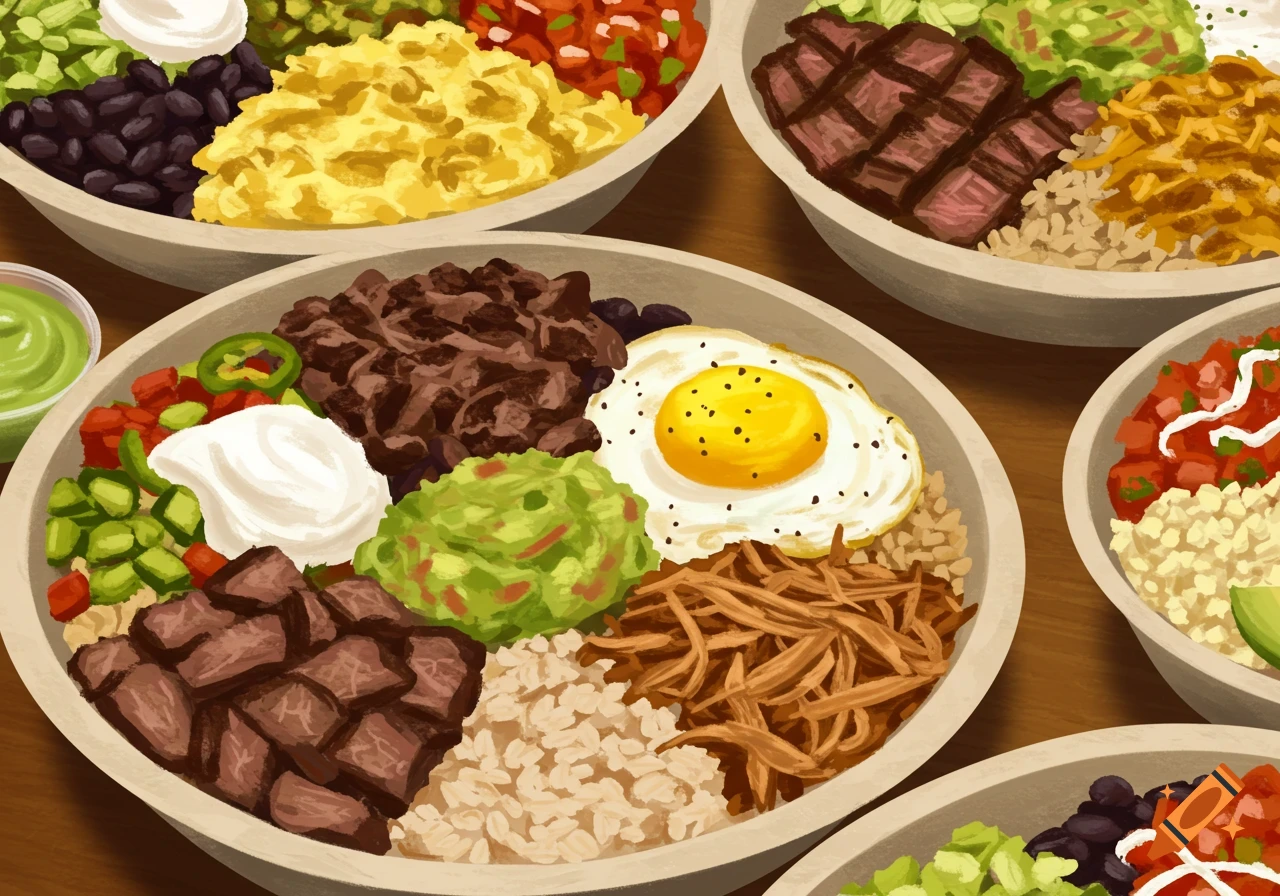 Close-up view of multiple chipotle bowls filled with rice, beans, meat, eggs, and toppings.