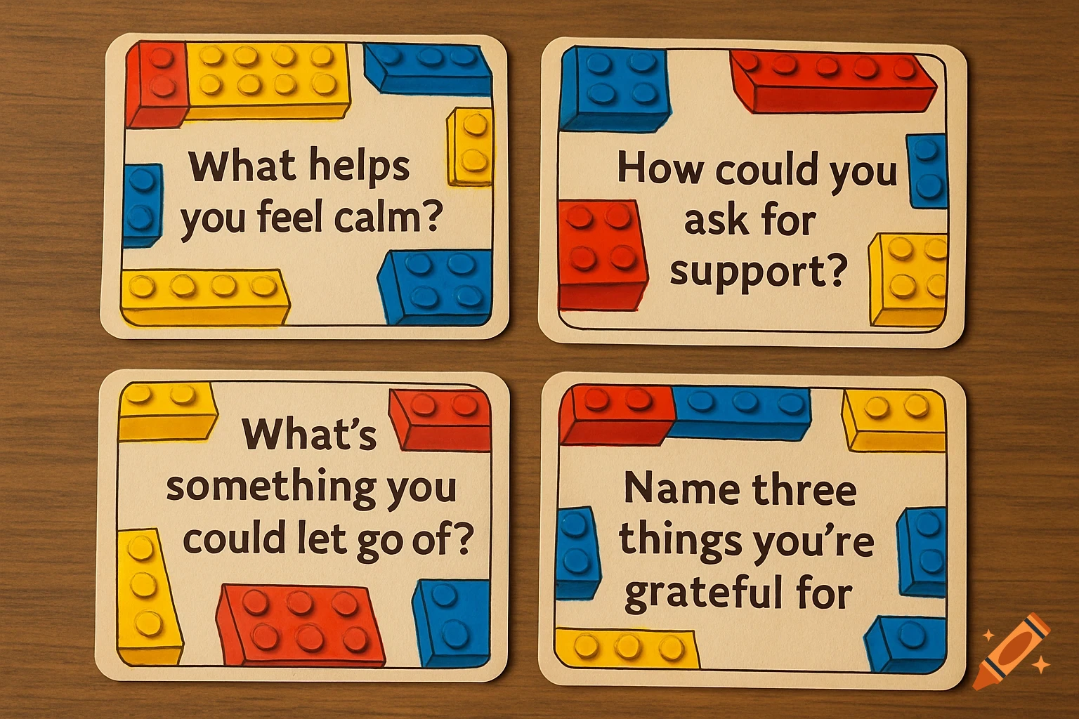 Four Lego-themed game cards with mental health questions on a wooden table.