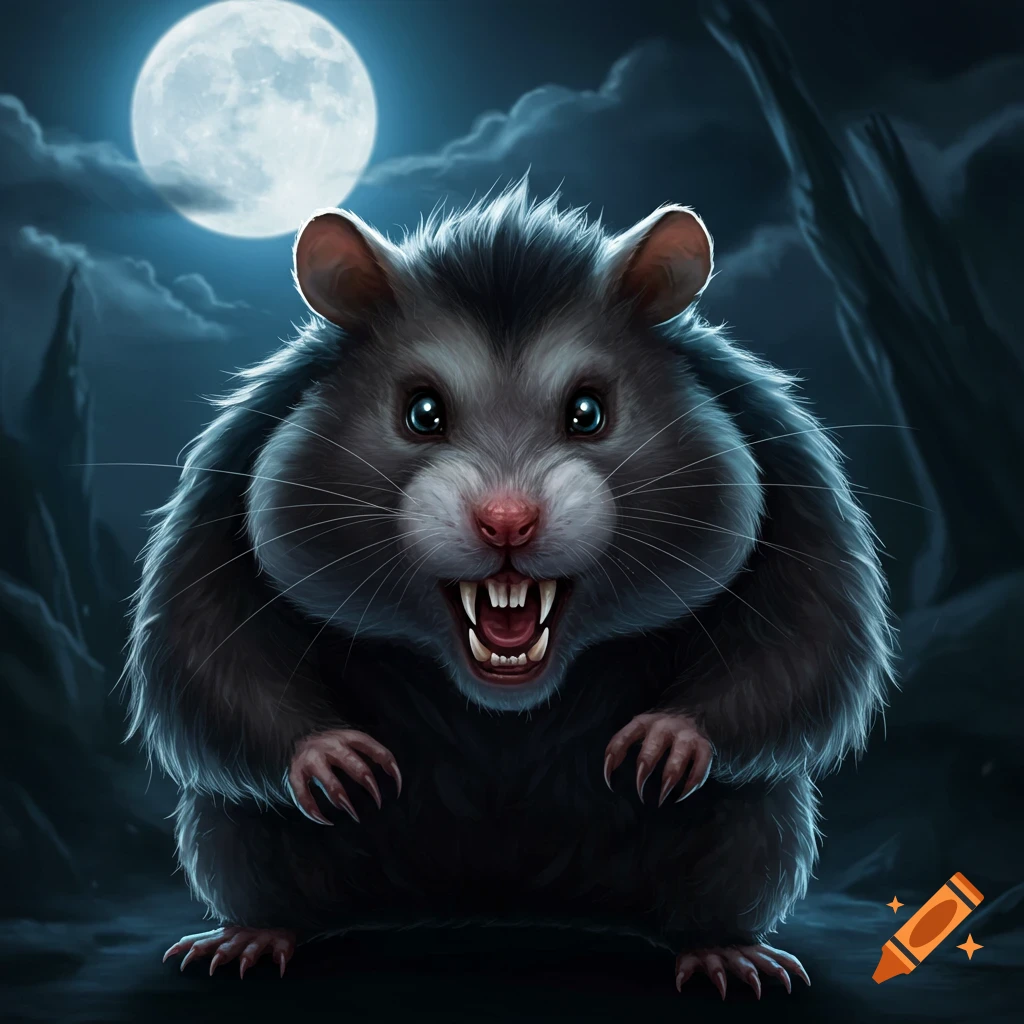 A fluffy werewolf hamster with fangs and claws standing under a full moon.