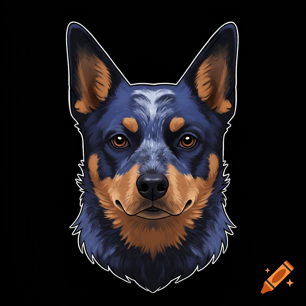 Portrait illustration of a blue heeler dog head on a black background.