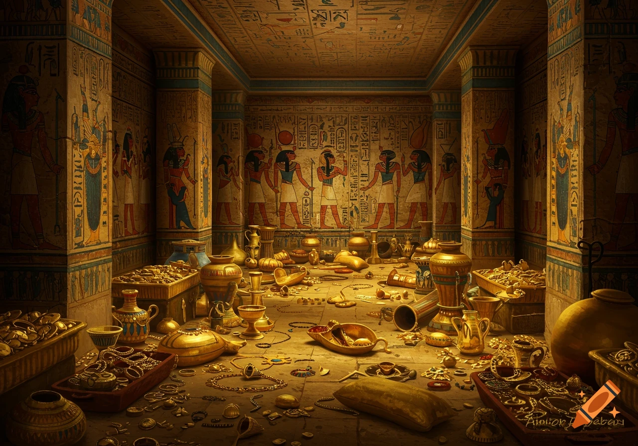 An ancient Egyptian tomb chamber overflowing with gold treasure and jewels, featuring painted hieroglyphs and figures on the walls and ceiling.