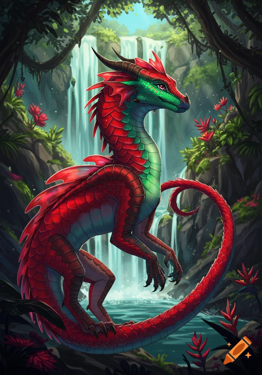 A red and green dragon in a jungle with a waterfall