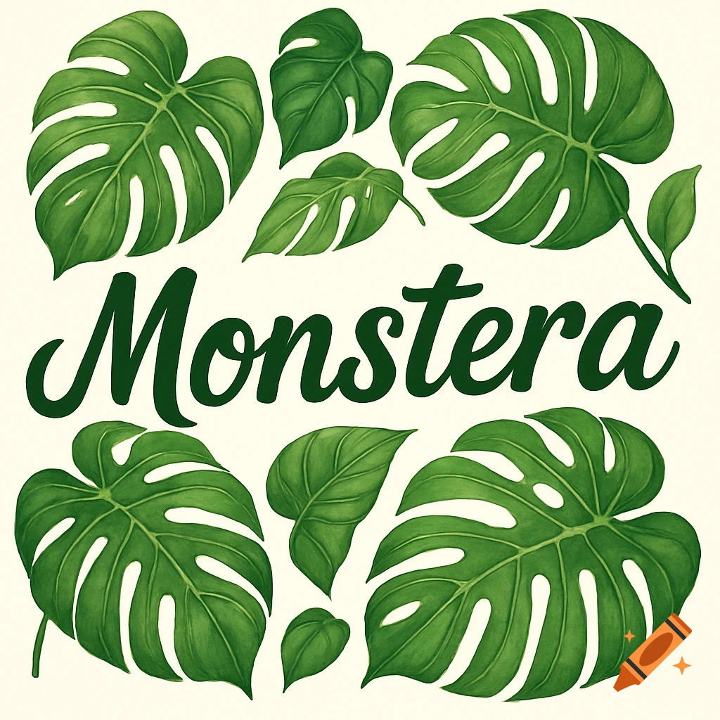 Watercolor illustration of Monstera leaves surrounding the word 'Monstera'.