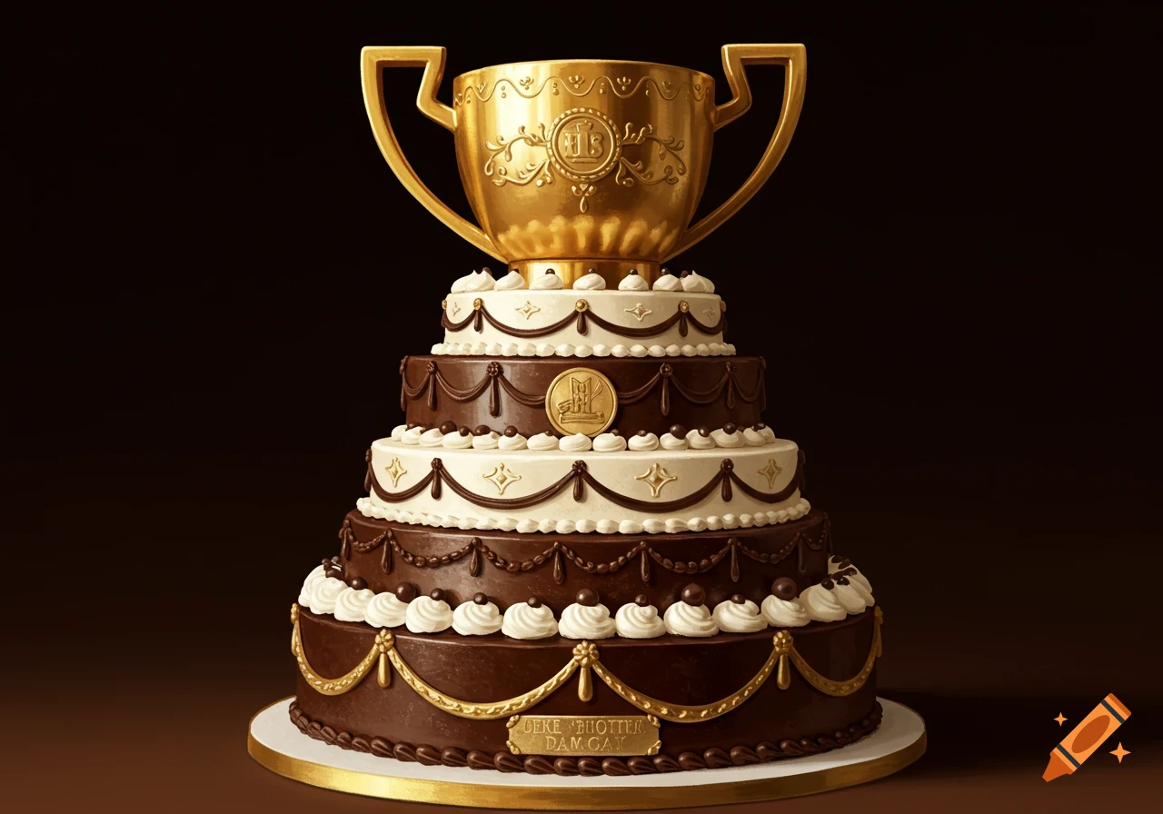 A large chocolate and vanilla cake decorated to look like a gold trophy.