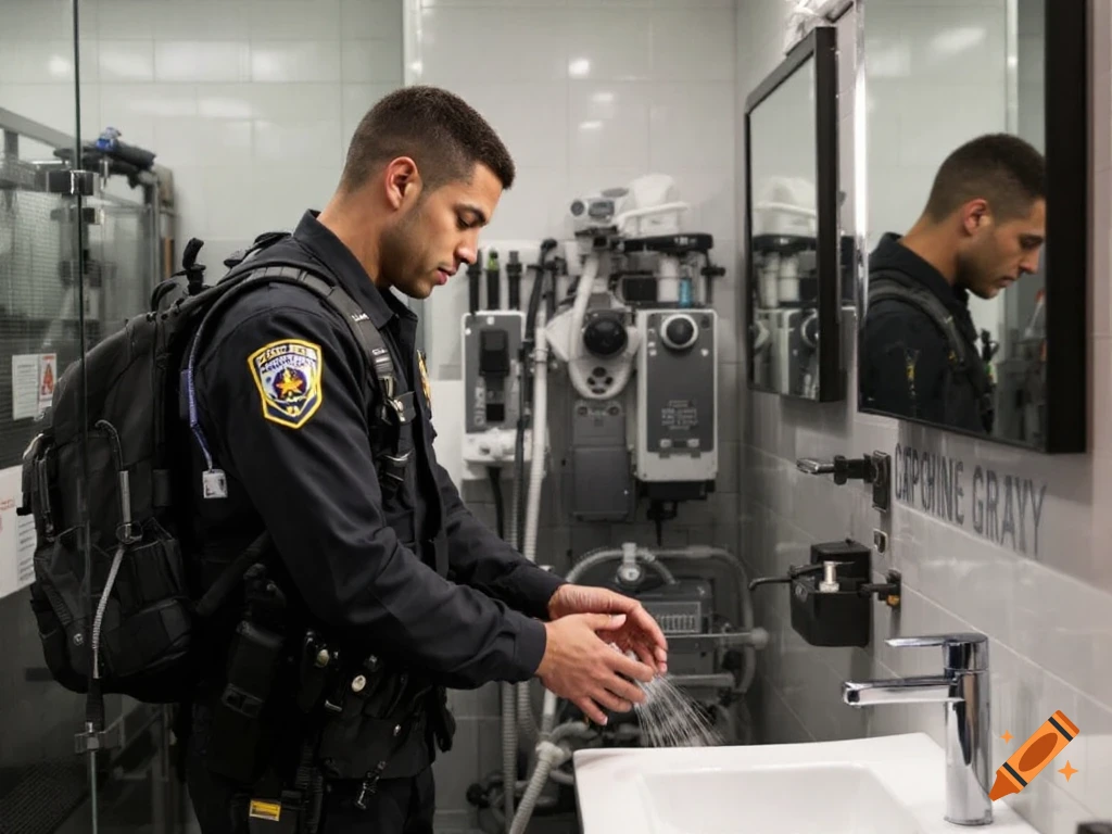 A police officer washes his hands at a sink in a tiled bathroom.