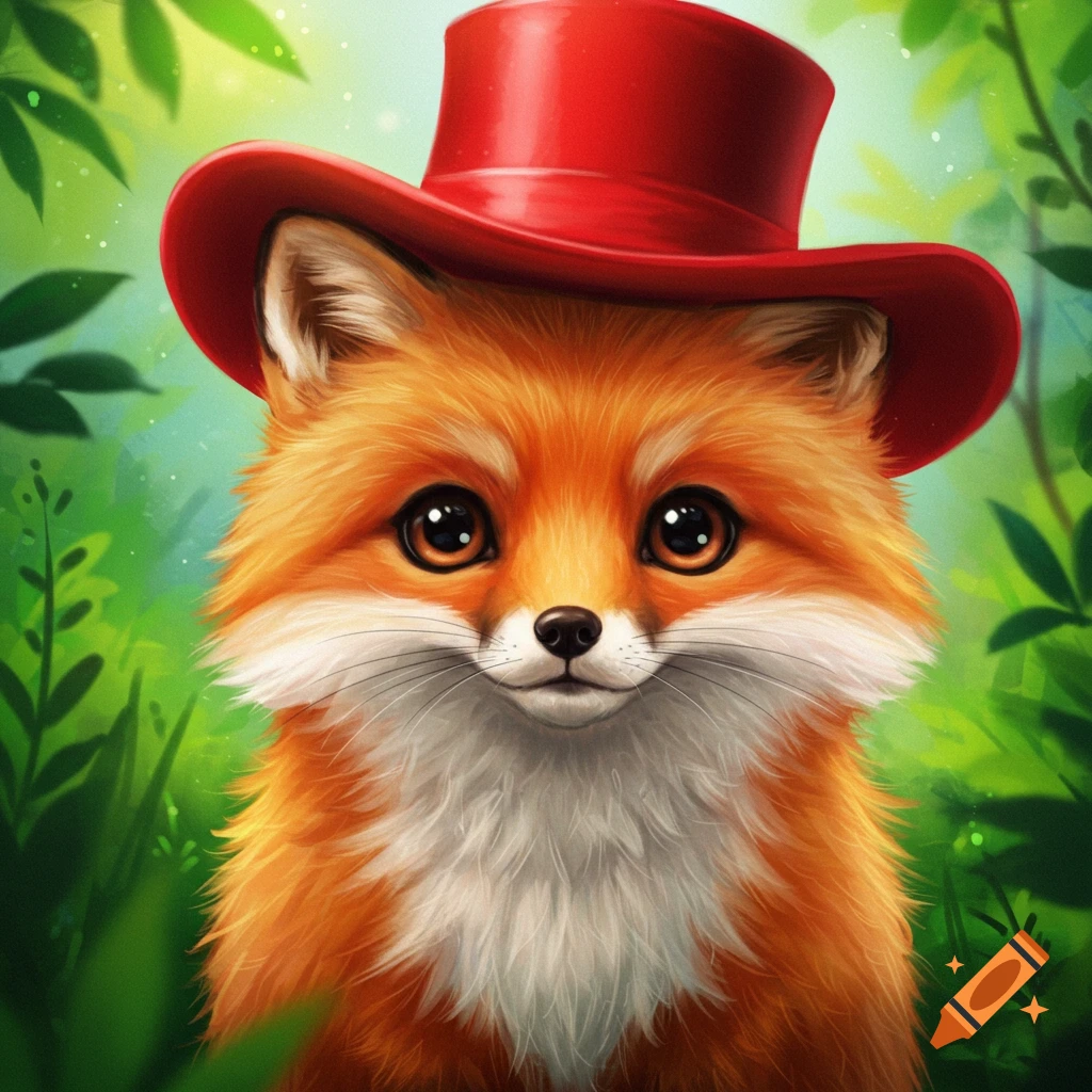 Cute fox wearing a red top hat in a forest.