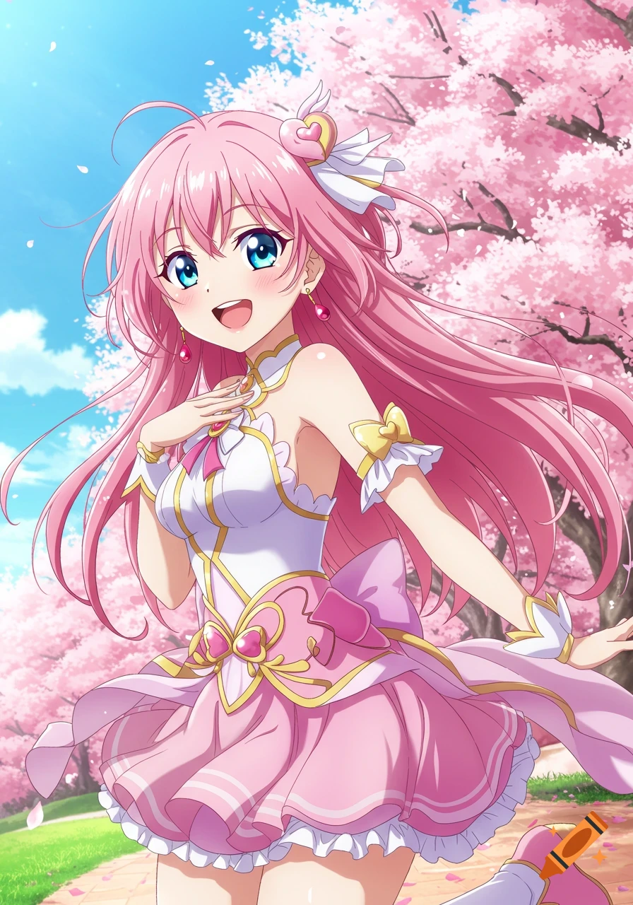 Anime girl with pink hair in a pink dress standing under sakura trees.