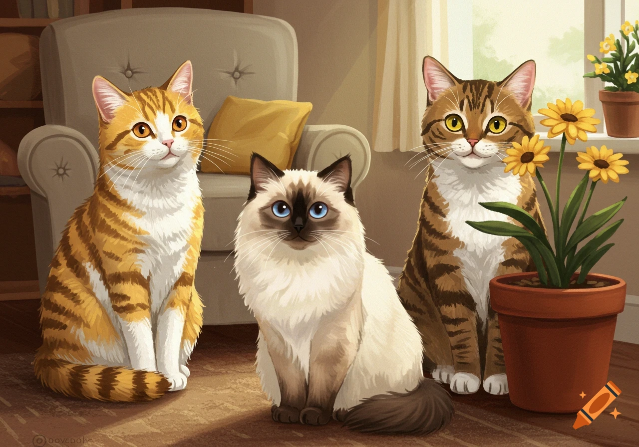 Three cats (tabby, ragdoll, tabby) are sitting in a room with flowers and a chair.