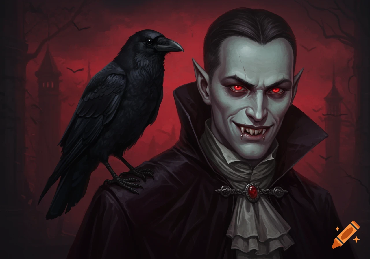 A vampire with red eyes and fangs, with a crow perched on his shoulder.