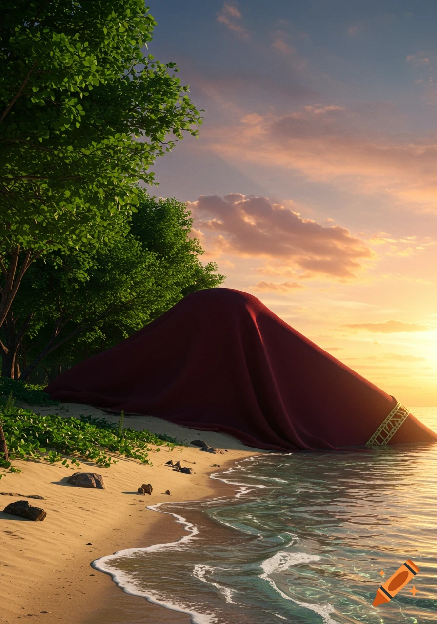 A red fabric covers an object on a beach, with trees to the left and water to the right, under a sunrise sky.