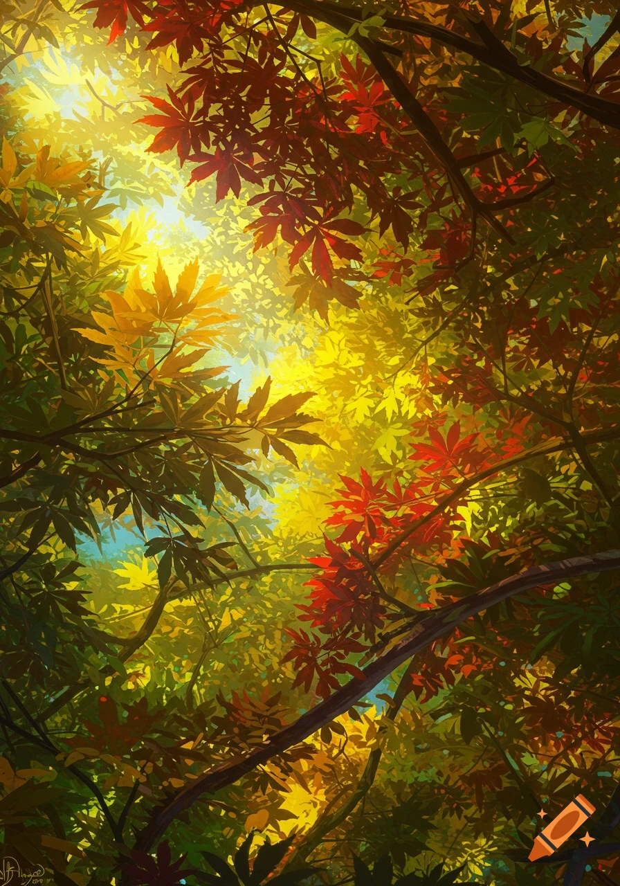 Sunlight filters through an autumn forest canopy with red, yellow, and green leaves