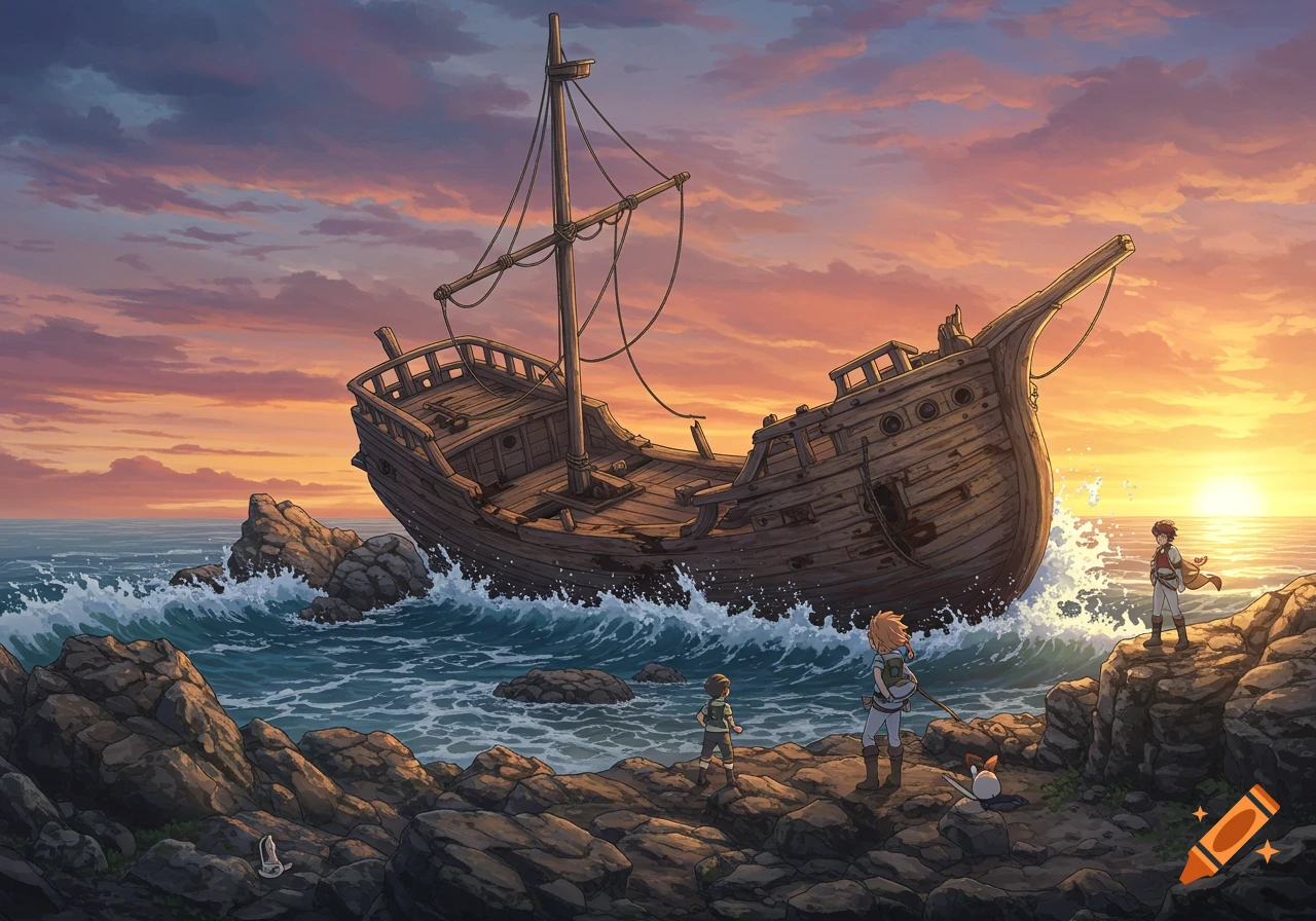 Anime shipwreck on a rocky shoreline with characters watching waves at sunset.