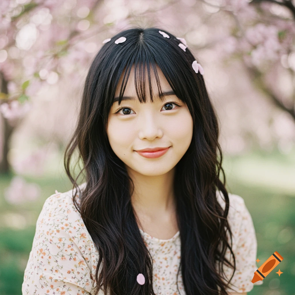 Close-up photo of a smiling young Asian woman with pink cherry blossoms in her hair and the background.