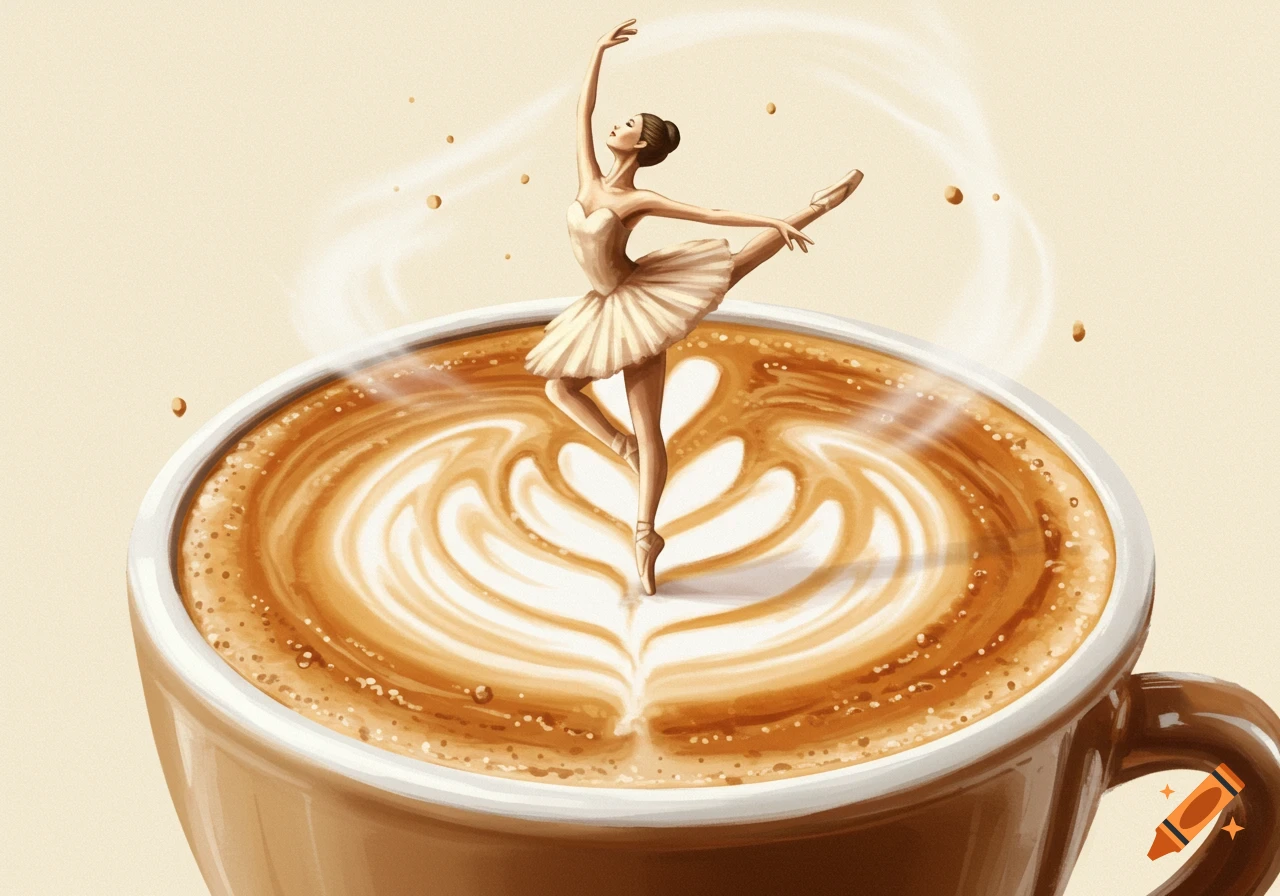 A ballerina dances en pointe on latte art in a coffee cup.