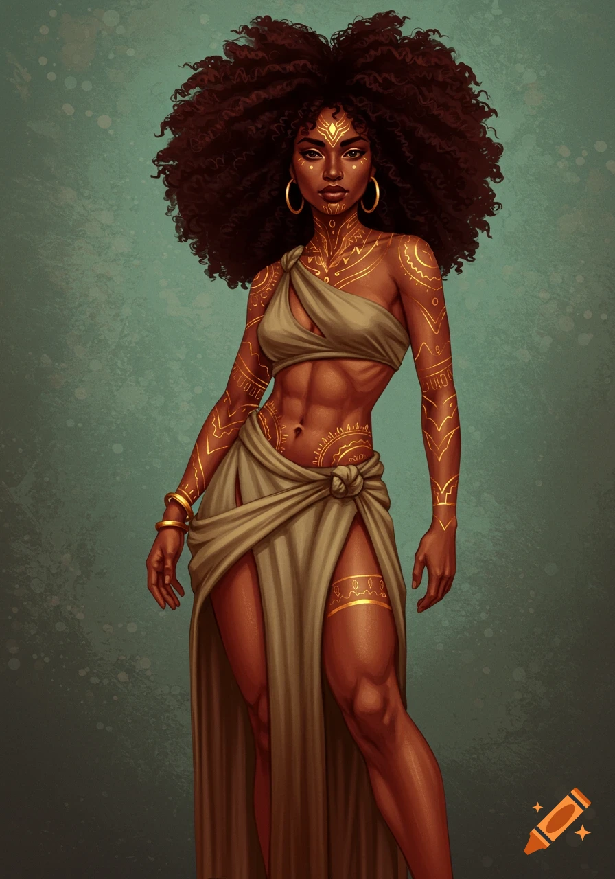 Image of a woman with afro hair, gold body paint, and earthy dress.