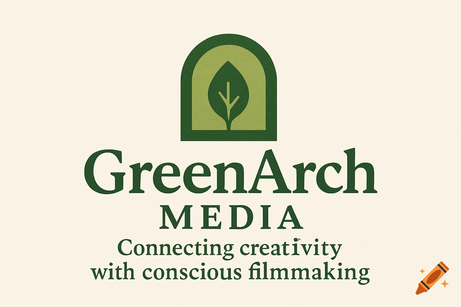 Green logo with a leaf inside an arch shape above the words "GreenArch MEDIA Connecting creativity with conscious filmmaking" on a cream background.