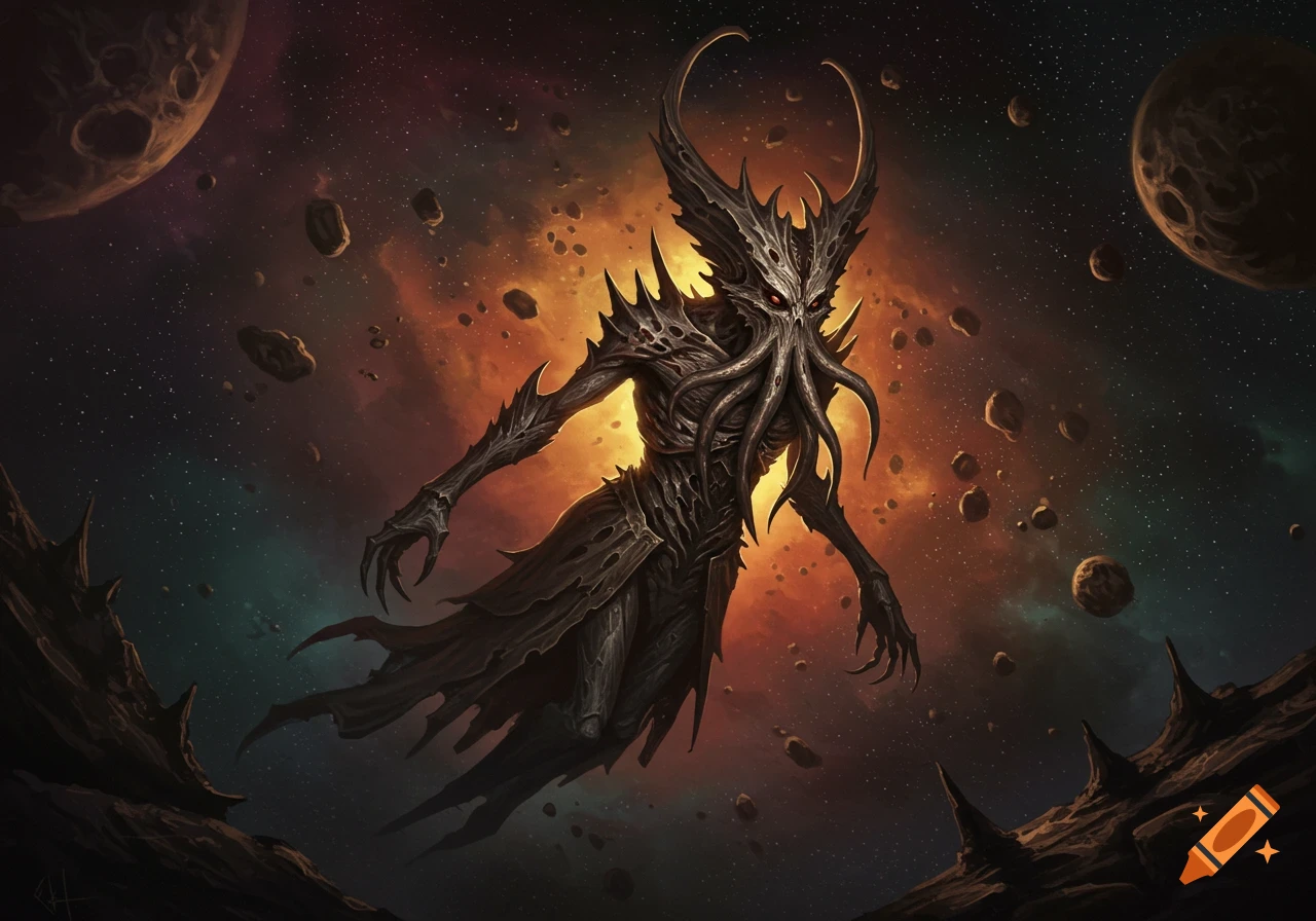 Lovecraftian cosmic horror monster floats in space among planets and asteroids.