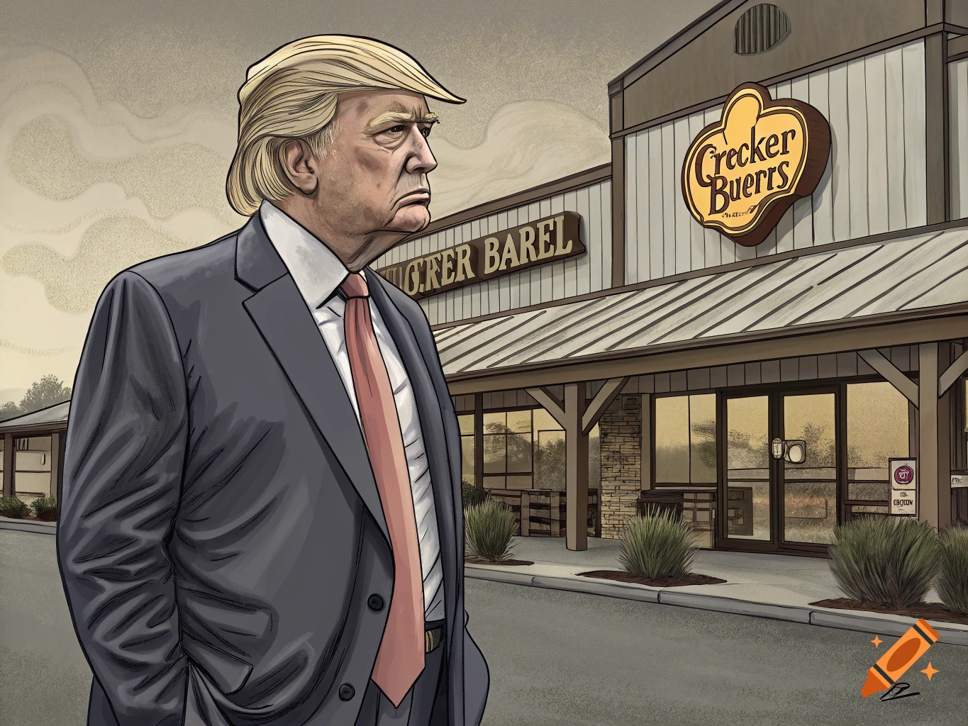 Illustration of Donald Trump standing outside a building resembling a restaurant.