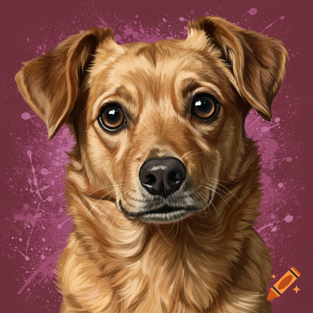 A brown dog's head with a splattered purple background.