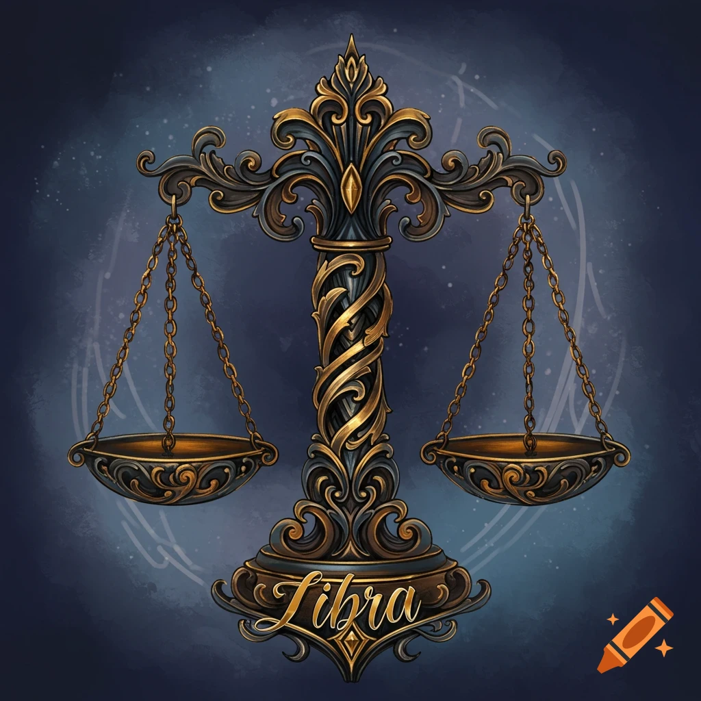 Ornate gold and dark Libra scales