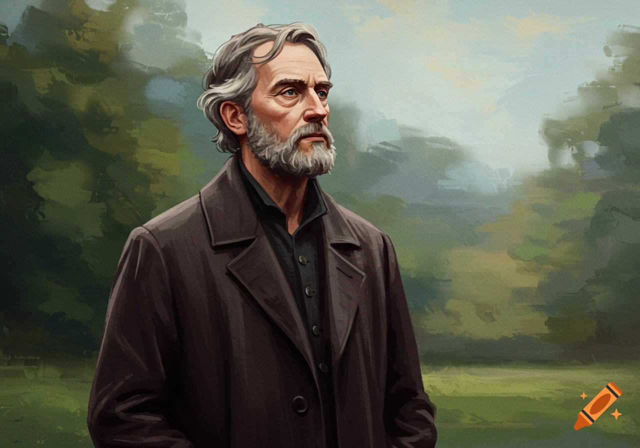 Painting of an older man with a beard wearing a longcoat outdoors