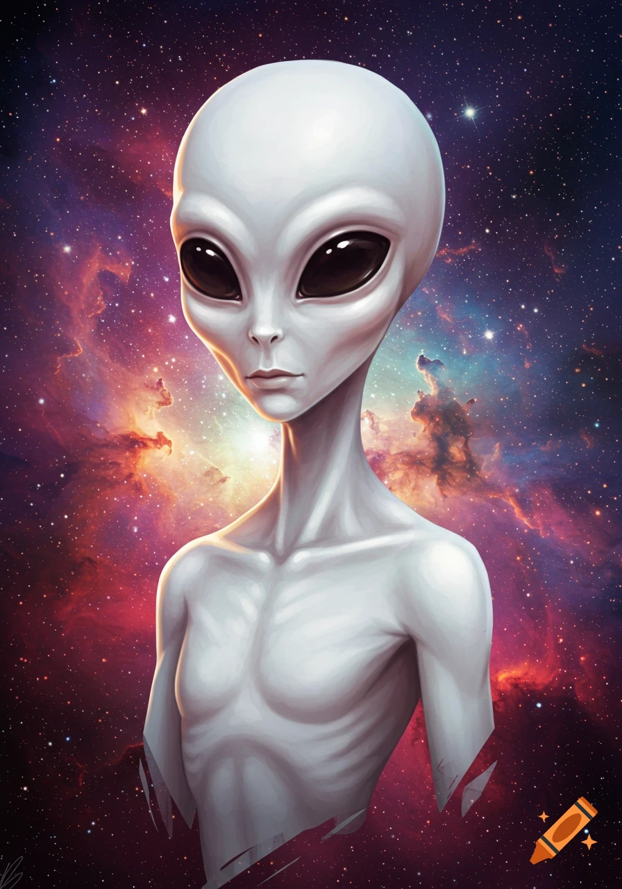 A grey alien is shown against a colorful nebula and starfield.