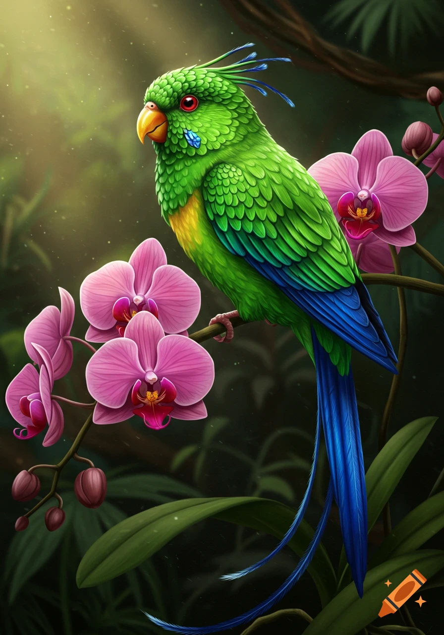 A vibrant green parakeet with blue tail feathers sits on a branch with pink orchids.