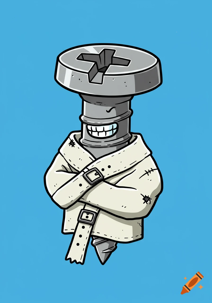 Cartoon illustration of a Phillips head screw wearing a straight jacket.