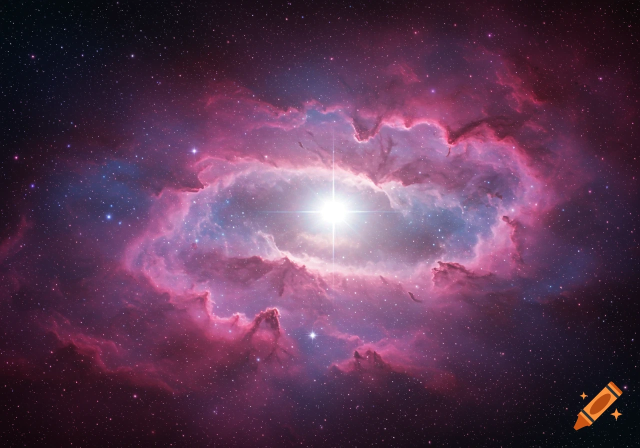 A bright star shines in the center of a pink and purple nebula surrounded by many smaller stars in deep space.