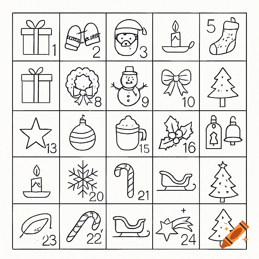 A line art advent calendar grid with Christmas and holiday symbols in each square, numbered 1 through 24.