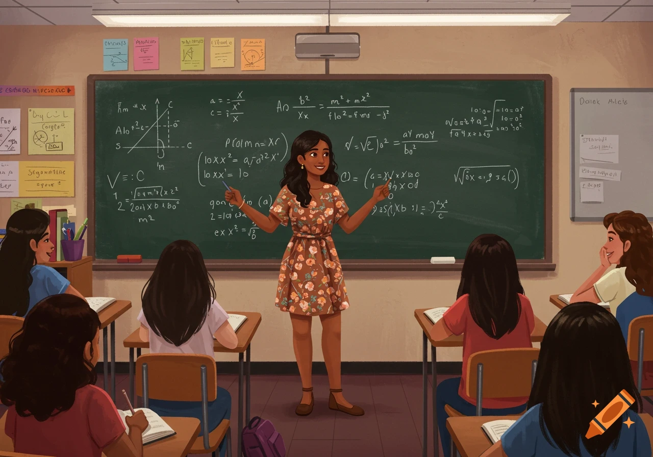A female teacher teaching students in a classroom with math equations on a blackboard.