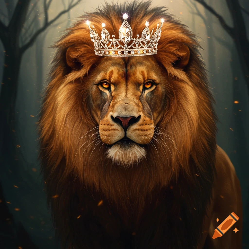 A lion wearing a sparkly diamond crown in a forest