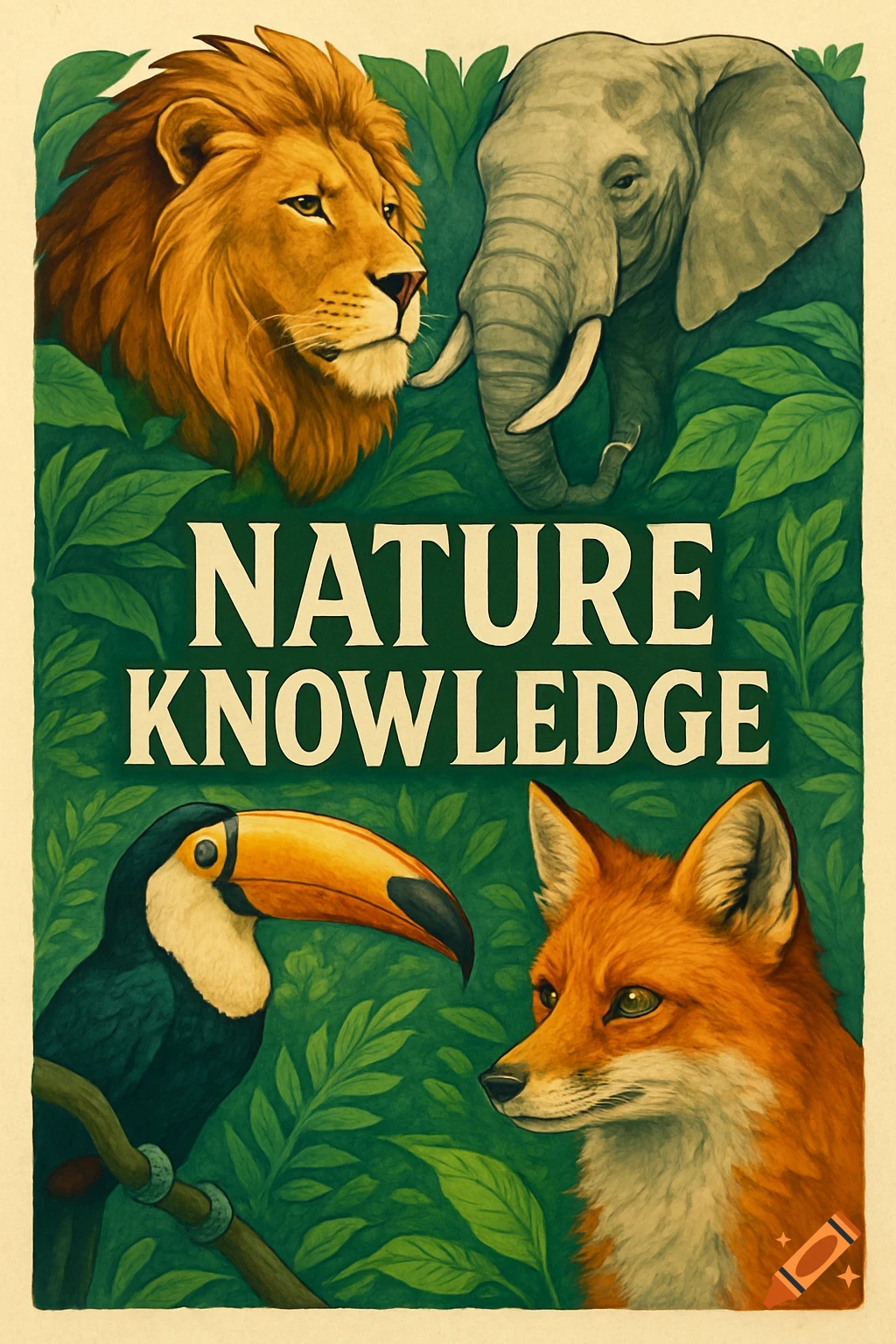 A lion, elephant, toucan, and fox are nestled among vibrant green leaves. 'NATURE KNOWLEDGE' is displayed in text.
