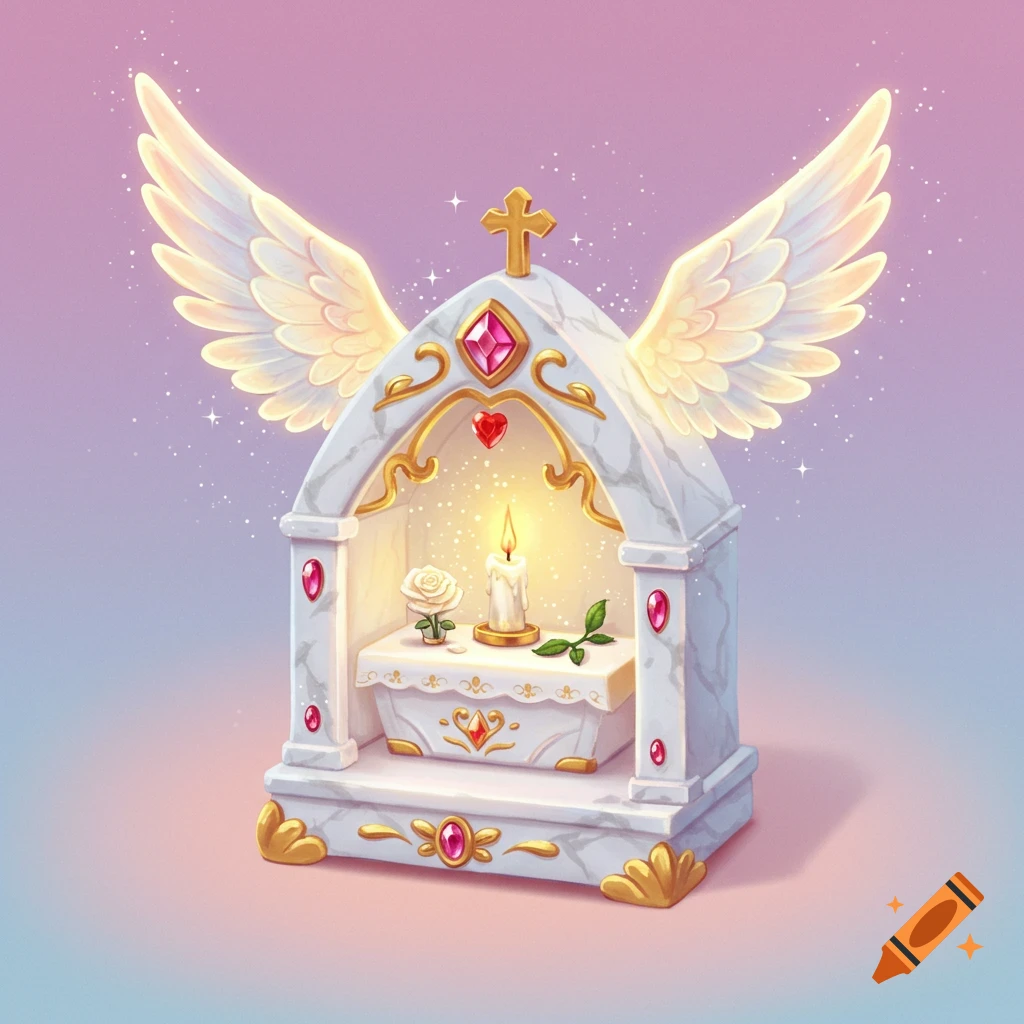 A marble shrine featuring angel wings, a cross, a lit candle, and a rose, set against a soft gradient background.