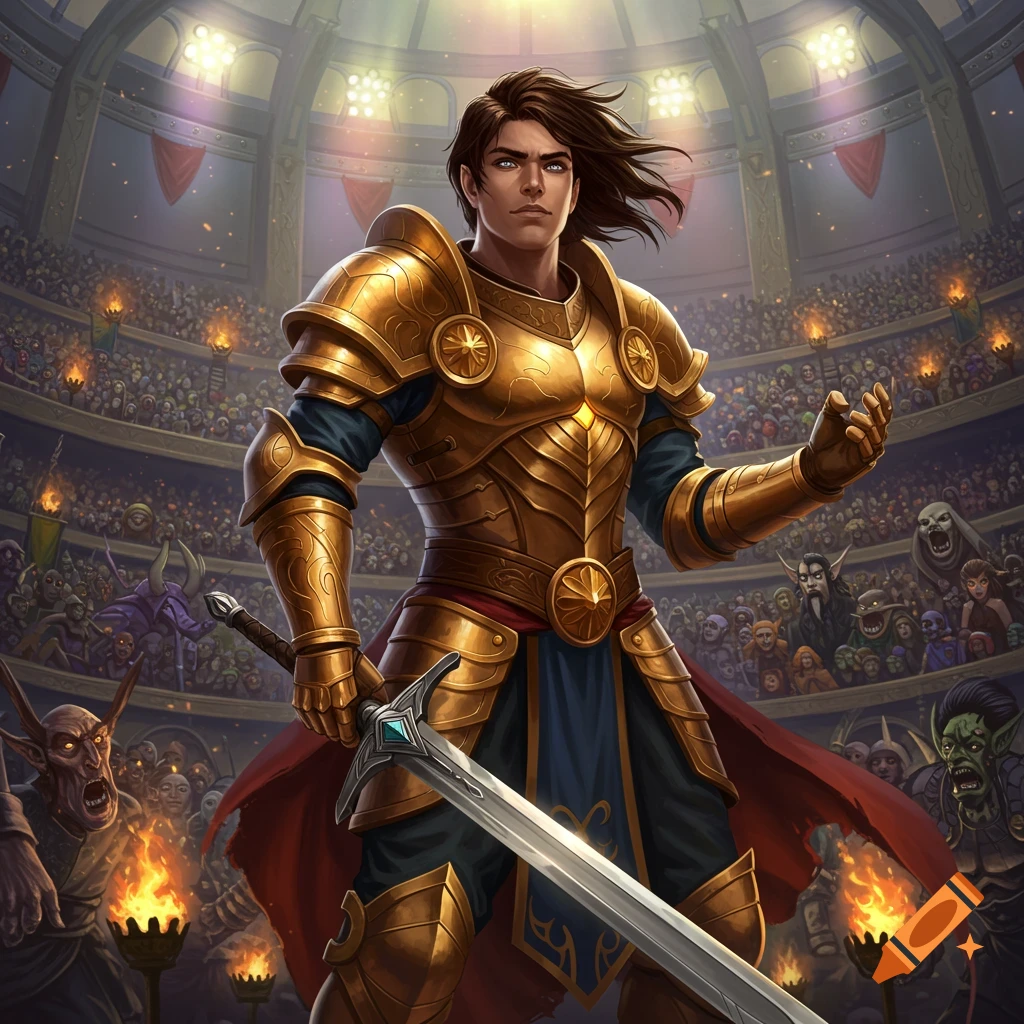 A warrior in golden armor is standing in an arena filled with a crowd.