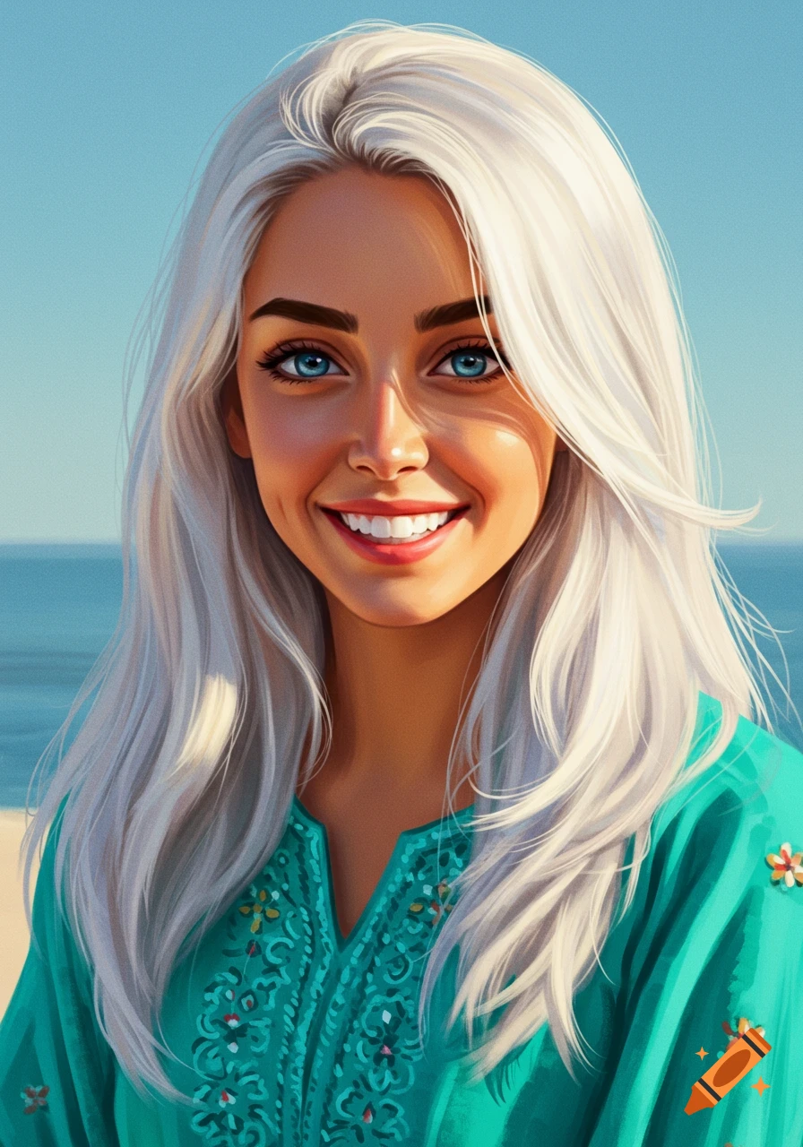 A young woman with platinum blonde hair smiling on a beach.