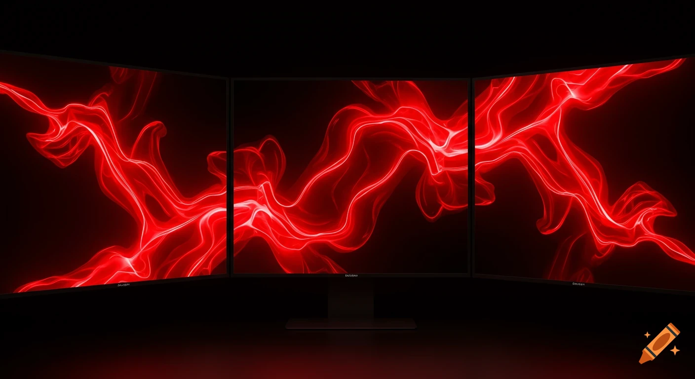 Abstract glowing red lines displayed across three computer monitors.