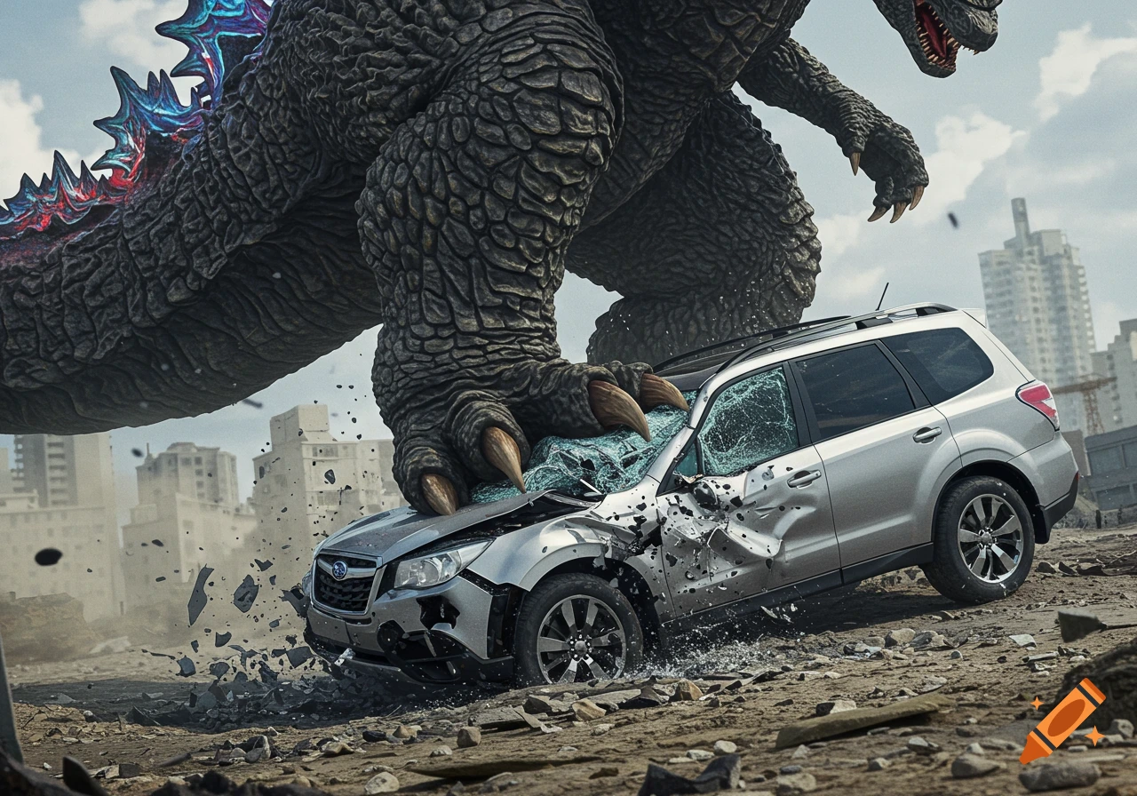A giant monster, Godzilla, crushes a silver car in a ruined city landscape in a photorealistic style.