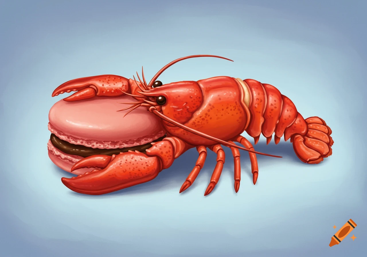 A red lobster holding a pink macaroon.