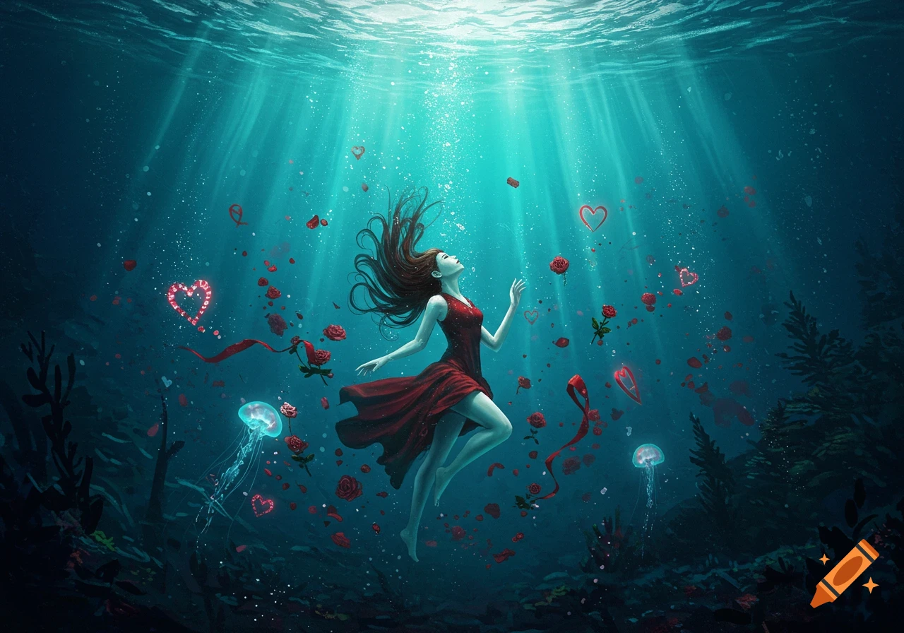 A woman in a red dress floats underwater surrounded by roses, hearts, and jellyfish-like shapes with light filtering from above.
