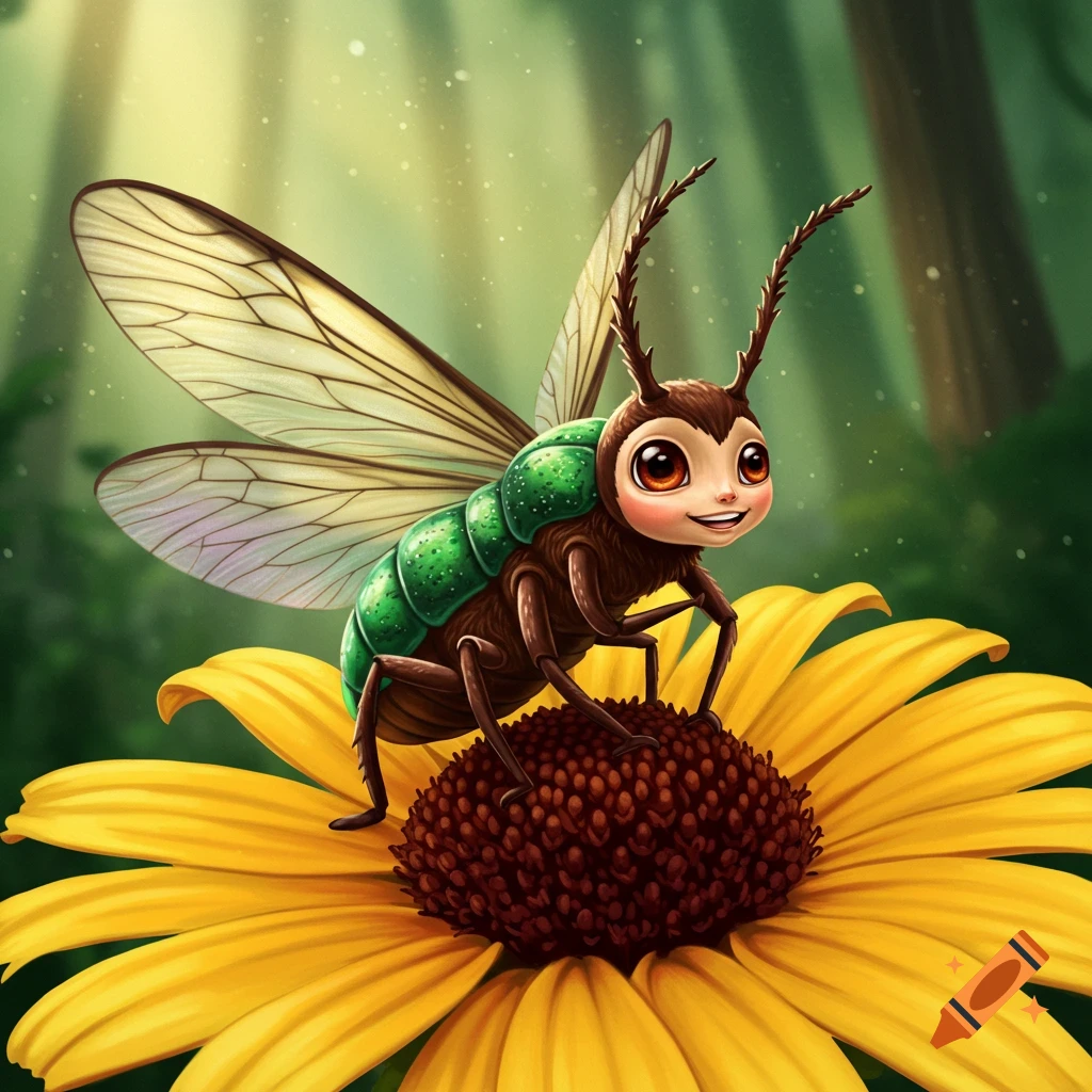 A cartoon-style bug with a human-like face sits on a large yellow flower in a forest.
