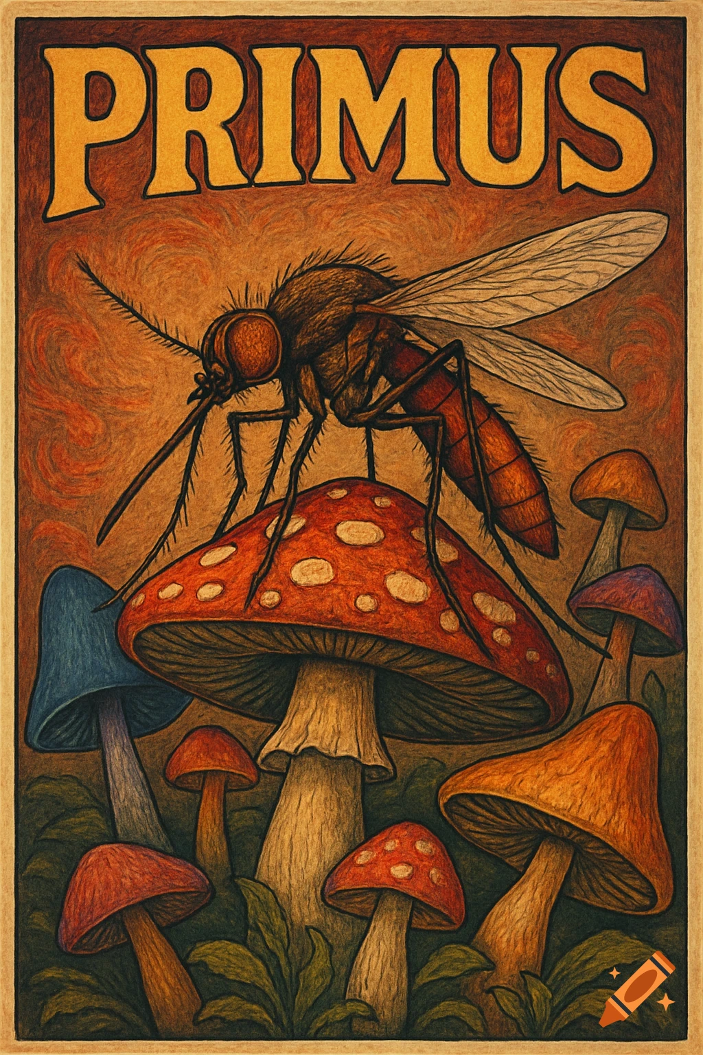 Primus concert poster with a large mosquito on a mushroom