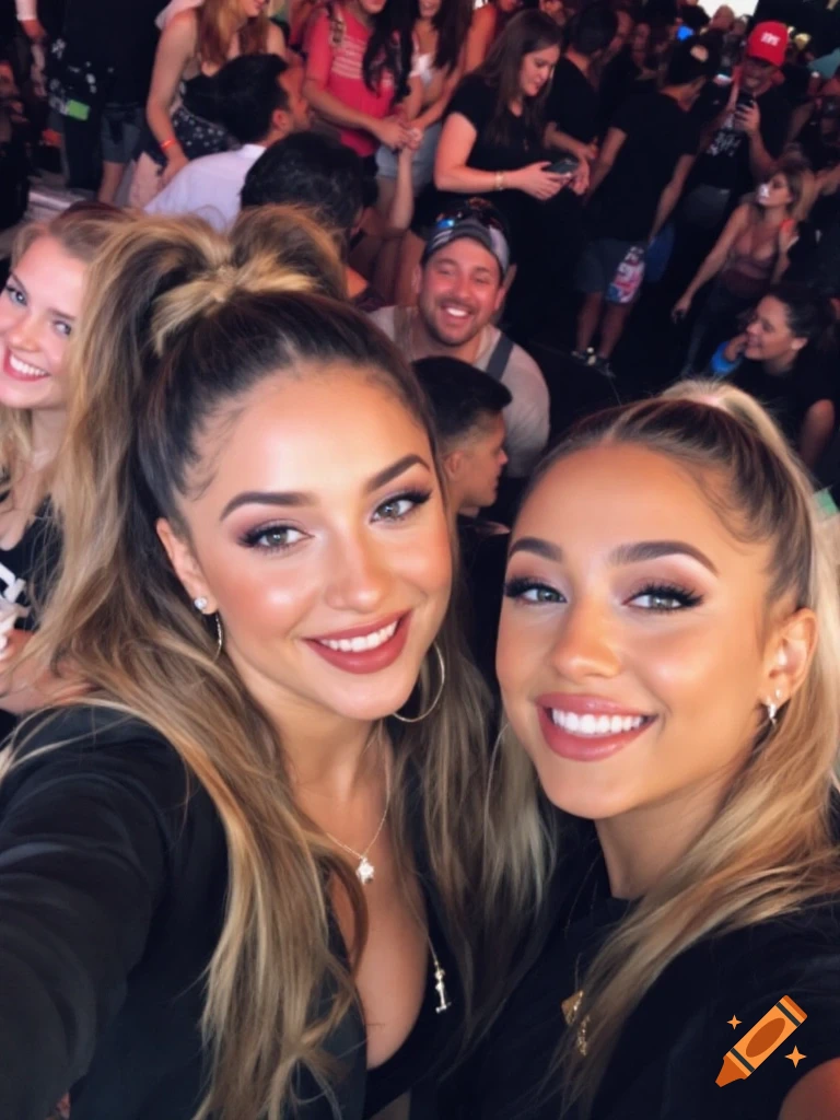 Two young women smiling in a crowd at an event.
