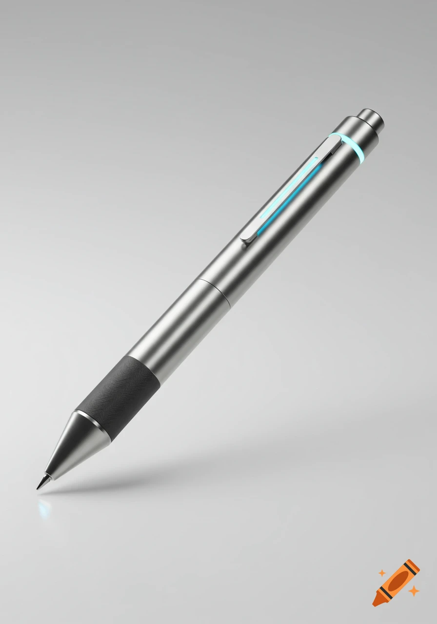 A close-up shot of a futuristic metallic pen with a black grip and a glowing blue light strip.