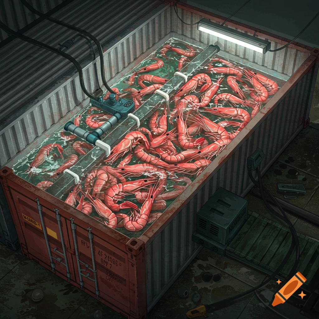 Gigantic shrimp teeming in a water-filled shipping container with pipes and machinery.