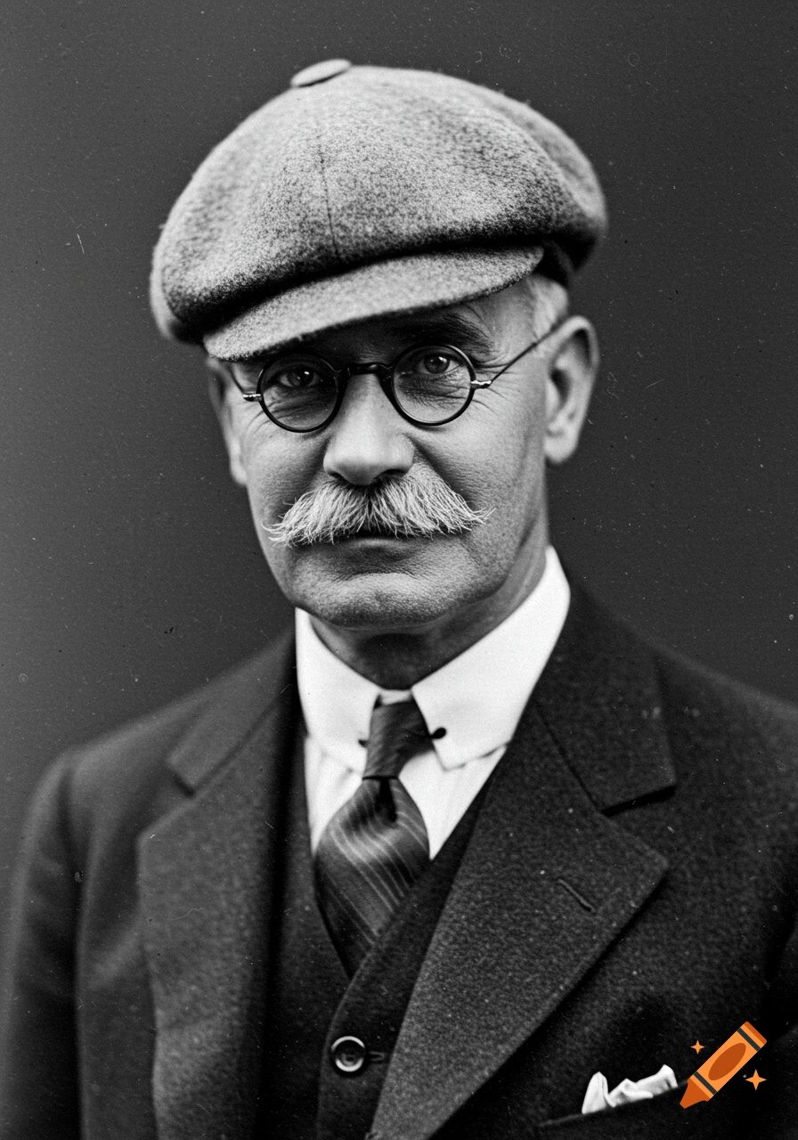 Black and white portrait of a man in a flat cap, glasses, and suit.