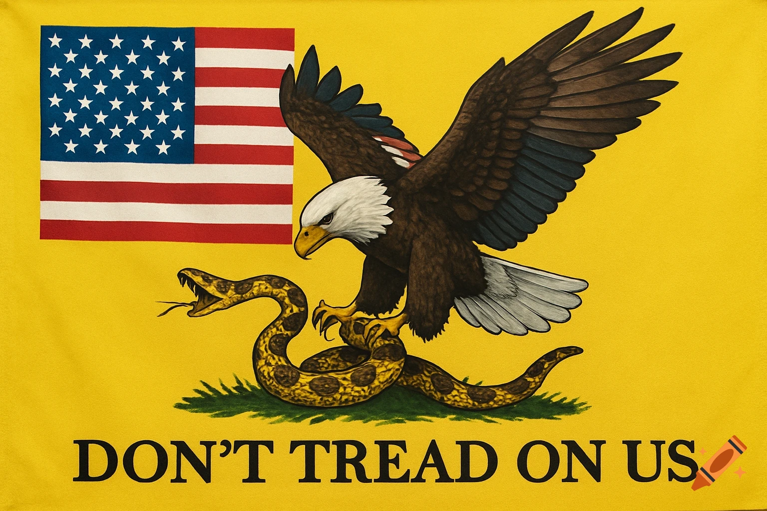 A yellow flag with an American flag, an eagle gripping a snake, and the text 'DON'T TREAD ON US'.