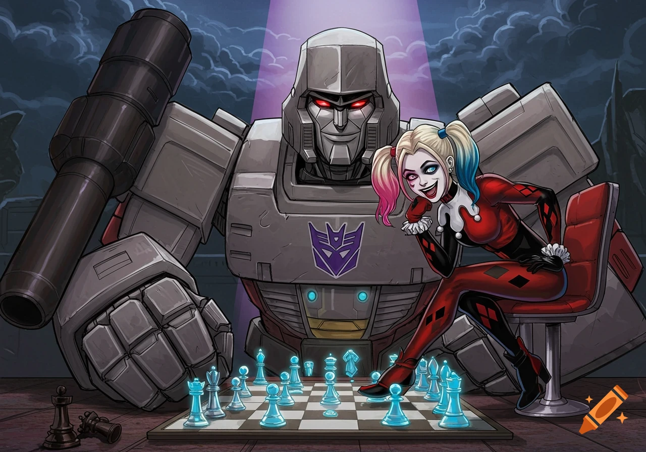 Megatron playing chess with Harley Quinn.