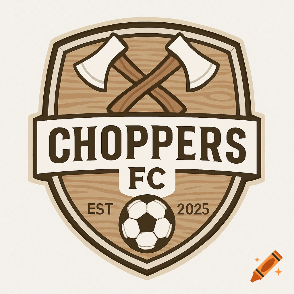 Soccer team logo badge with wood texture, crossed axes, soccer ball, and text Choppers FC EST 2025.