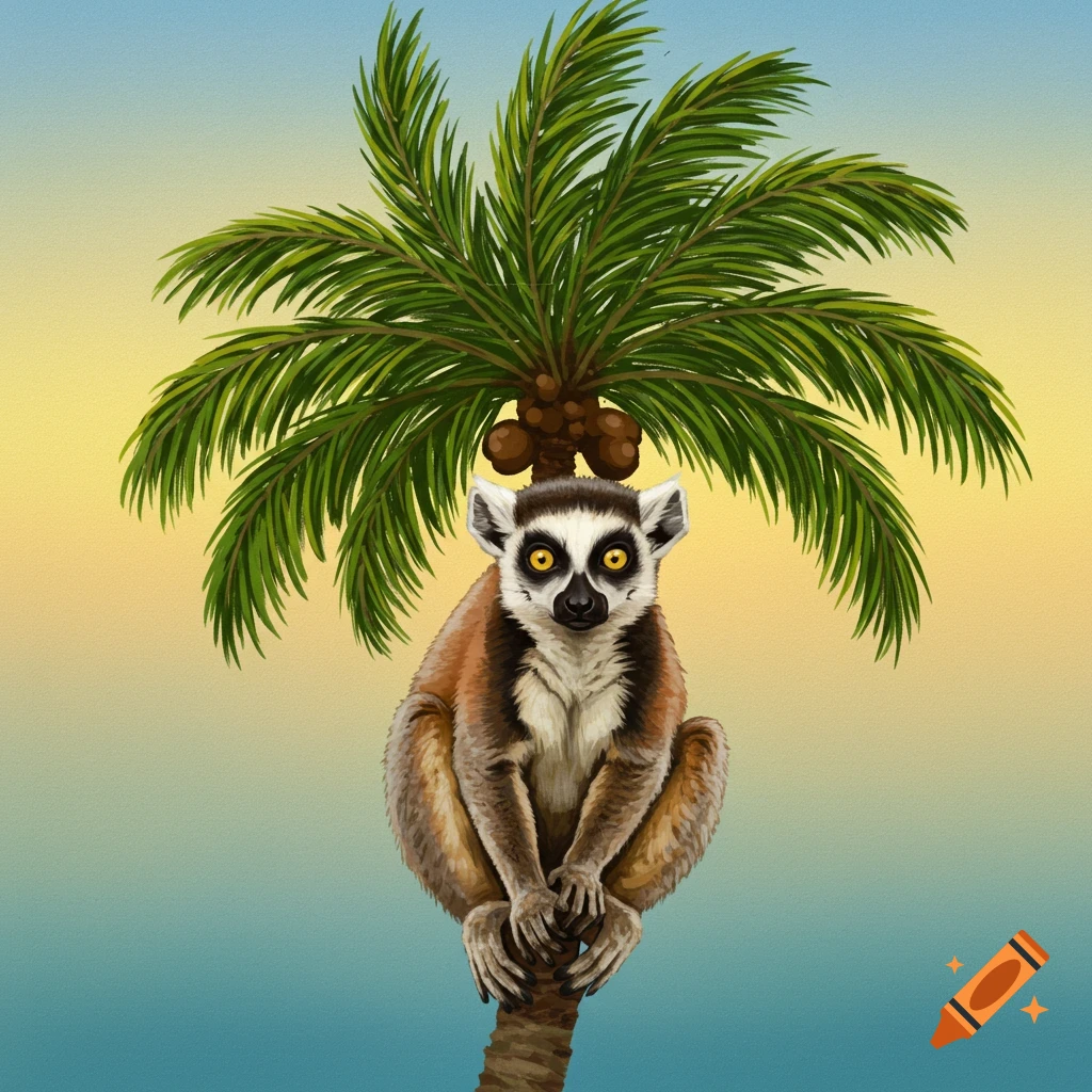 A ring-tailed lemur perched on a palm tree against a gradient sky.